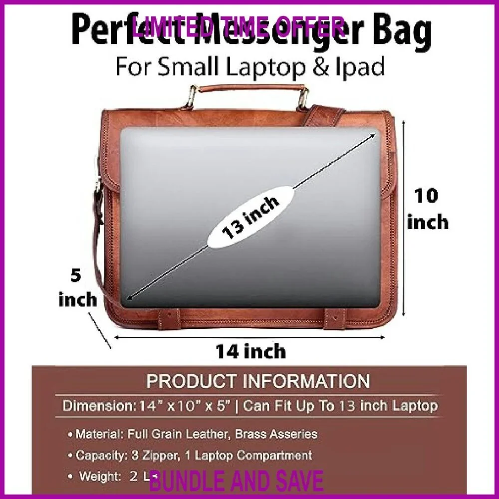 14 Inch Genuine Leather Messenger Bag Laptop Briefcase Adjustable Strap
